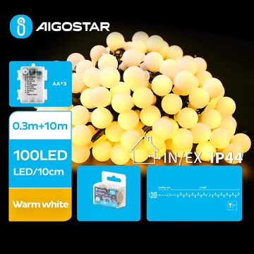 Aigostar - LED Jõuluteemaline väli valguskett 100xLED/3xAA/8 funktsiooni 10,3 m IP44 soe valge