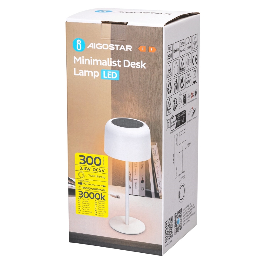 Aigostar - LED Päikesepaneeliga hämardatav laetav lamp LED/3W/5V 2200mAh valge IP54