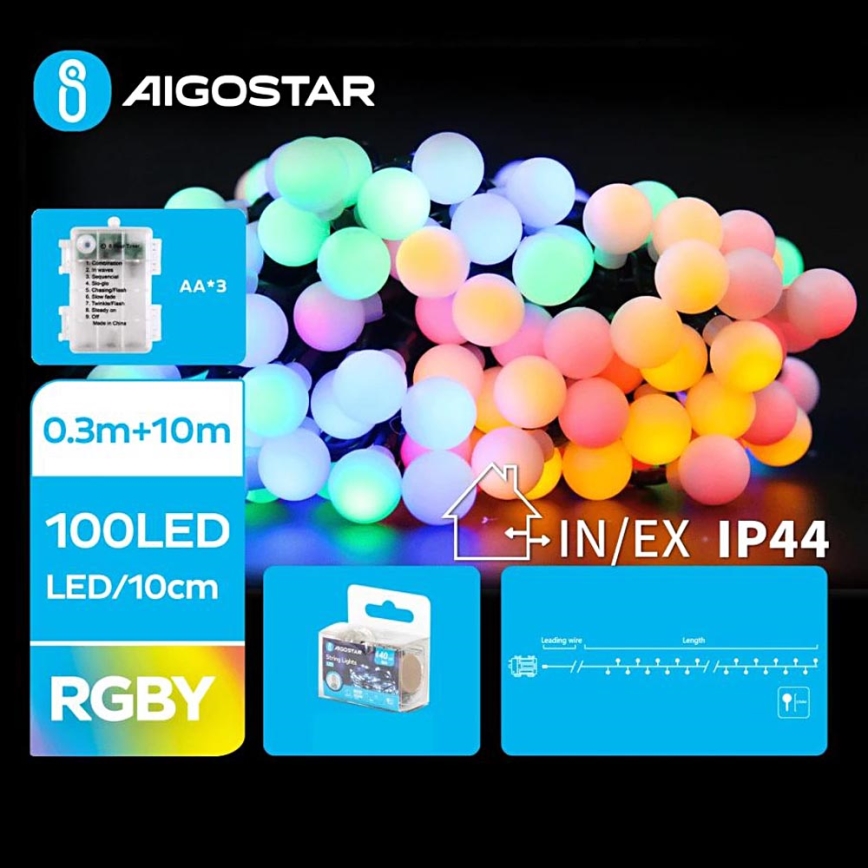 Aigostar - LED RGBY Väli Valguskett 100xLED/3xAA/8 funktsiooni 10,3 m IP44