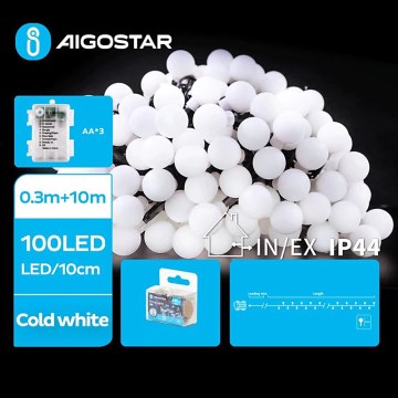 Aigostar - LED Väli valguskett 100xLED/3xAA/8 funktsiooni 10,3 m IP44 külm valge