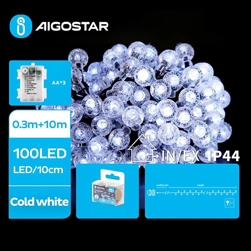 Aigostar - LED Väli valguskett 100xLED/3xAA/8 funktsiooni 10,3 m IP44 külm valge