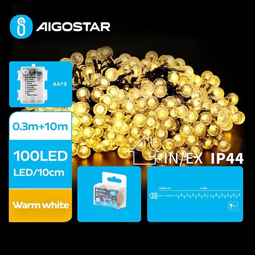 Aigostar - LED Väli valguskett 100xLED/3xAA/8 funktsiooni 10,3 m IP44 soe valge