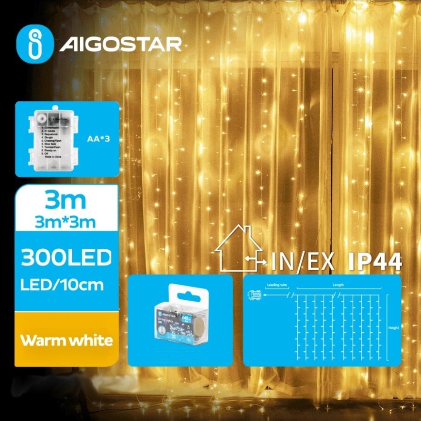 Aigostar - LED Väli valguskett 300xLED/8 funktsiooni 3xAA 6x2m IP44 soe valge