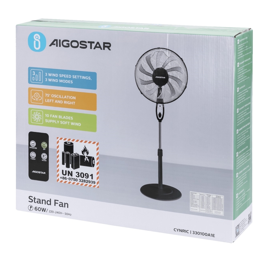 Aigostar - Põrandaventilaator 60W/230V must + kaugjuhtimispult