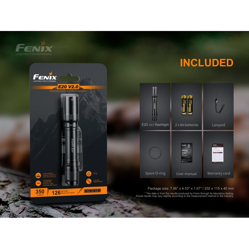 Fenix E20V20 - LED Taskulamp LED/2xAA IP68 350 lm 200 h