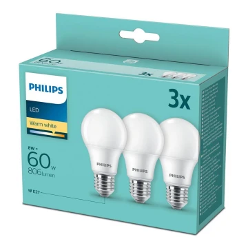 KOMPLEKT 3x LED Pirn Philips A60 E27/8W/230V 2700K
