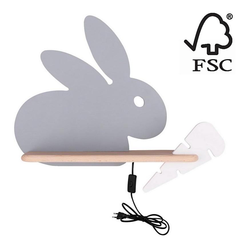 LED Laste seinavalgusti koos riiuliga RABBIT LED/4W/230V hall/valge/puit - FSC sertifitseeritud