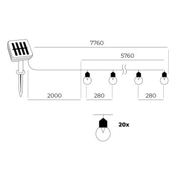 LED - Päikesepaneeliga valguskett 20xLED/0,12W/1,2V 1xAA IP44 3000K