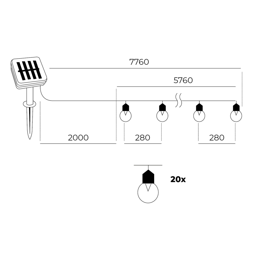 LED - Päikesepaneeliga valguskett 20xLED/0,12W/1,2V 1xAA IP44 3000K