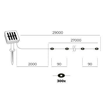 LED - Päikesepaneeliga valguskett 300xLED/0,12W/1,2V 1xAA 27 m IP44 3000K