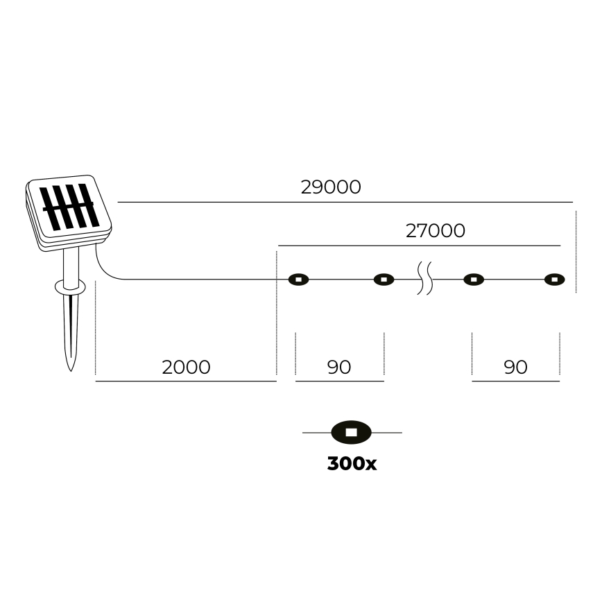 LED - Päikesepaneeliga valguskett 300xLED/0,12W/1,2V 1xAA 27 m IP44 3000K