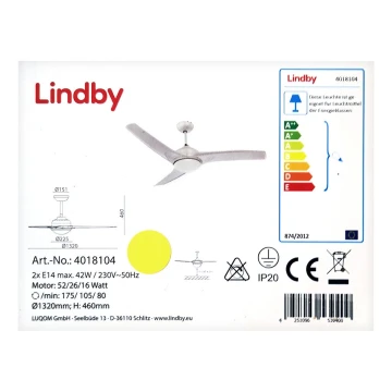 Lindby - Laeventilaator EMANUEL 2xE14/42W/230V + pult