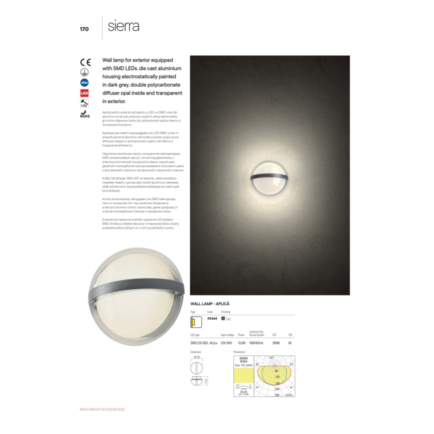 Redo 90364 - LED Väli seinavalgusti SIERRA LED/10,8W/230V IP54