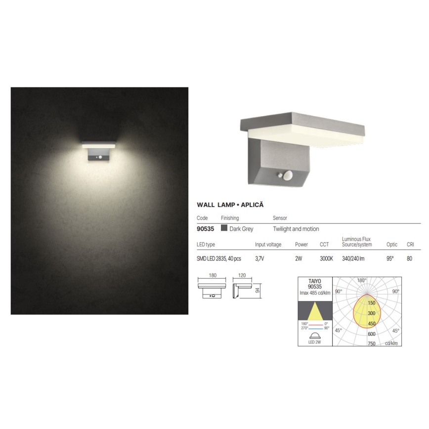 Redo 90535 - LED Päikesepaneeliga seinavalgusti koos anduriga TAIYO LED/2W/3,7V 3000K IP54 antratsiit